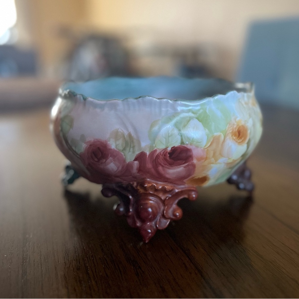 Limoges France Footed Bowl - Wine, green, white and pink floral rose design